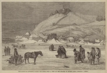 El río San Lorenzo durante la helada, con una vista de la ciudadela de Quebec